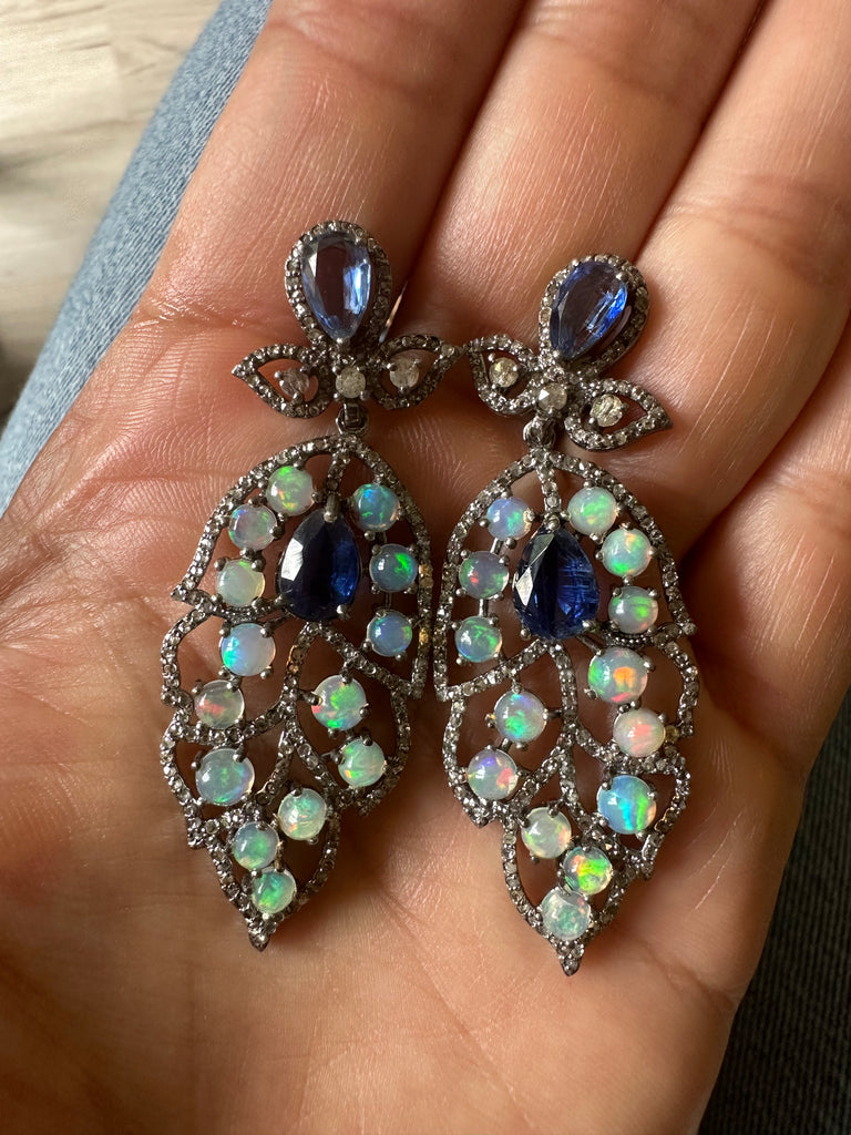 Organic Diamond & Opal Leaf Earring