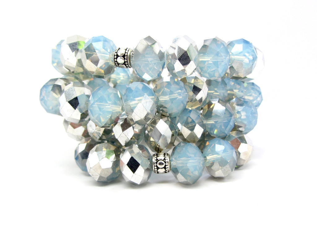 Set of 2: Maggie Pale Blue & Silver Iridescent Glass Beaded Bracelets