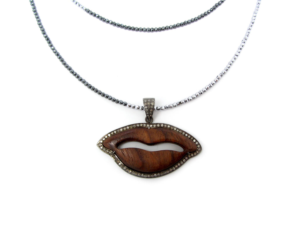 Diamond Wooden Lips Pendant on Tri-Color Hematite Necklace