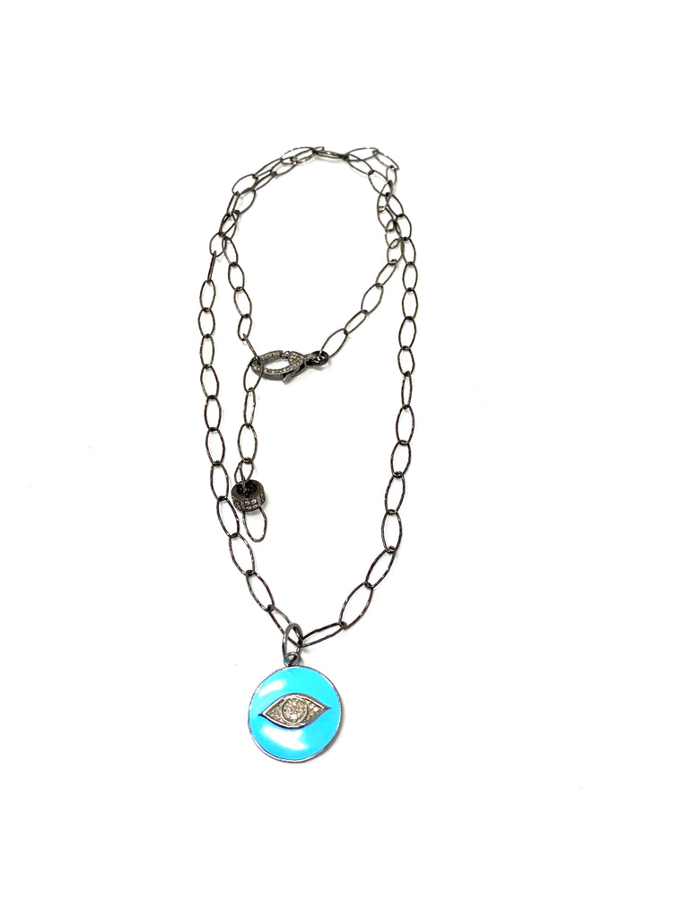 Diamond Evil Eye on Turquoise Enamel Necklace