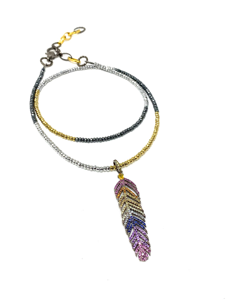 Rainbow Sapphire Feather Pendant on Tri Color Hematite