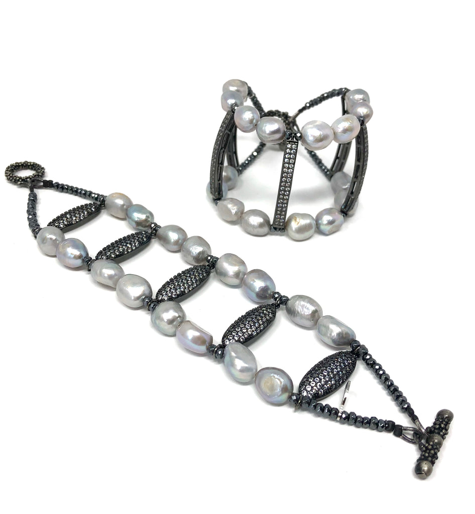 Grey Pearl & Pave Bar Cuff Bracelet