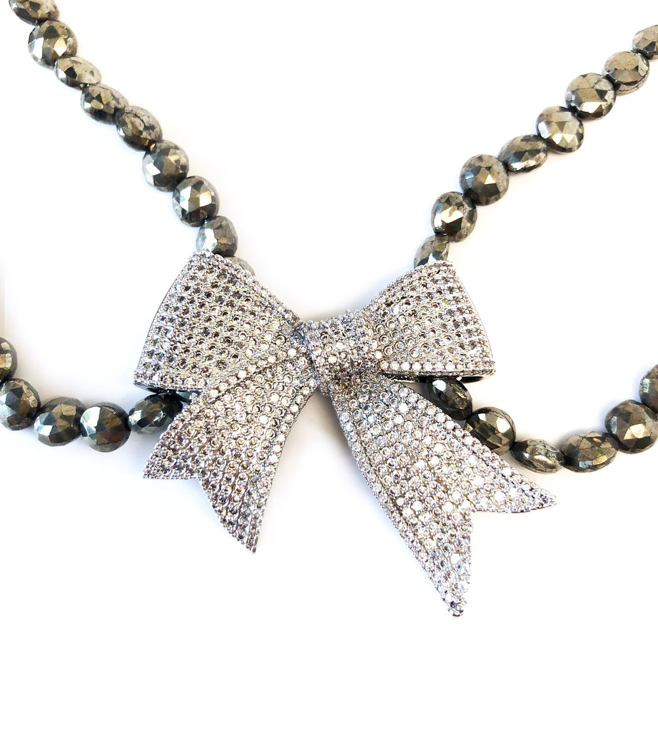 Double Strand Pyrite Necklace with Pave Bow