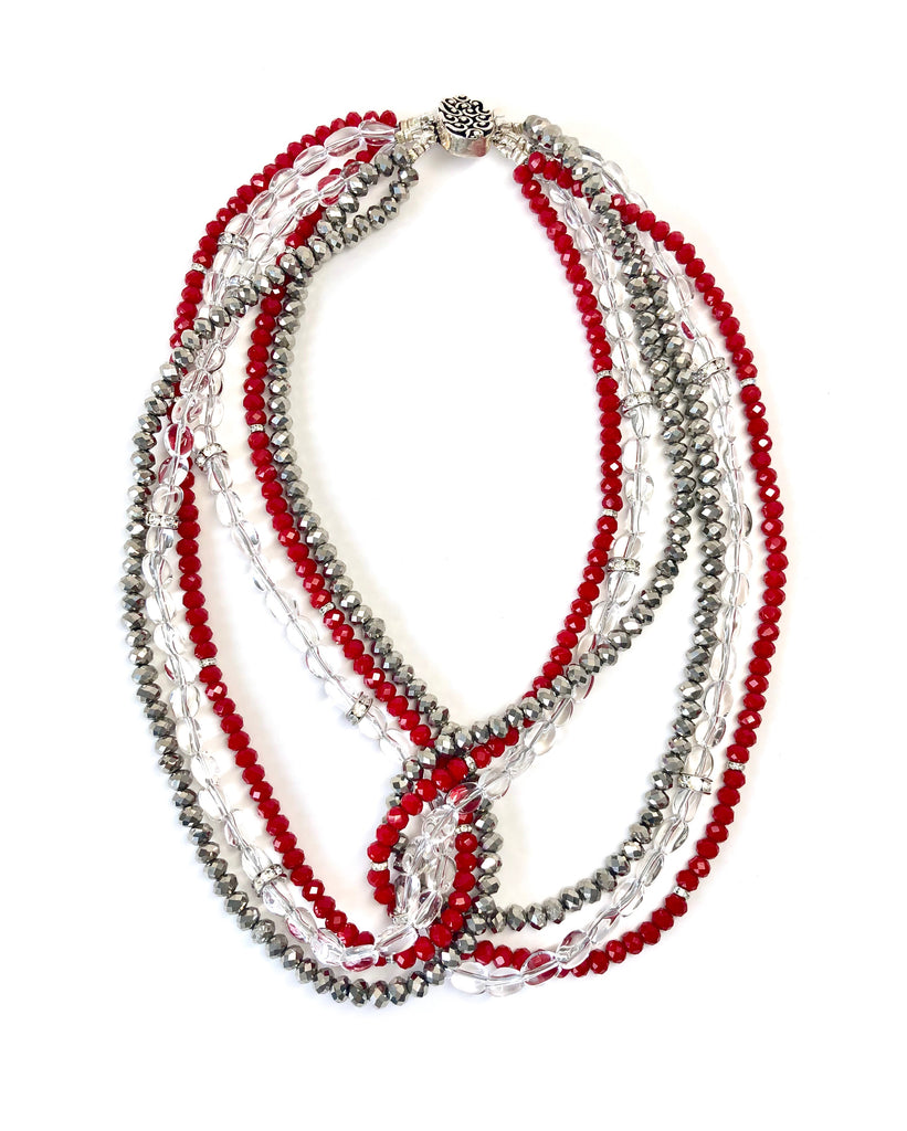 Red, Silver & Clear Quartz Triple Strand Twist Necklace