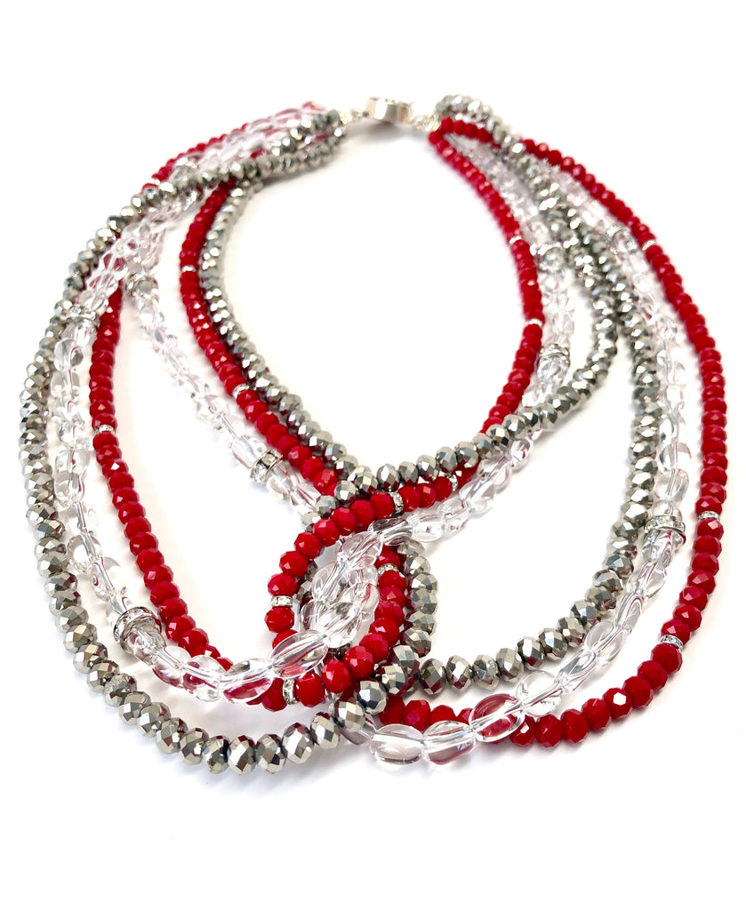 Red, Silver & Clear Quartz Triple Strand Twist Necklace