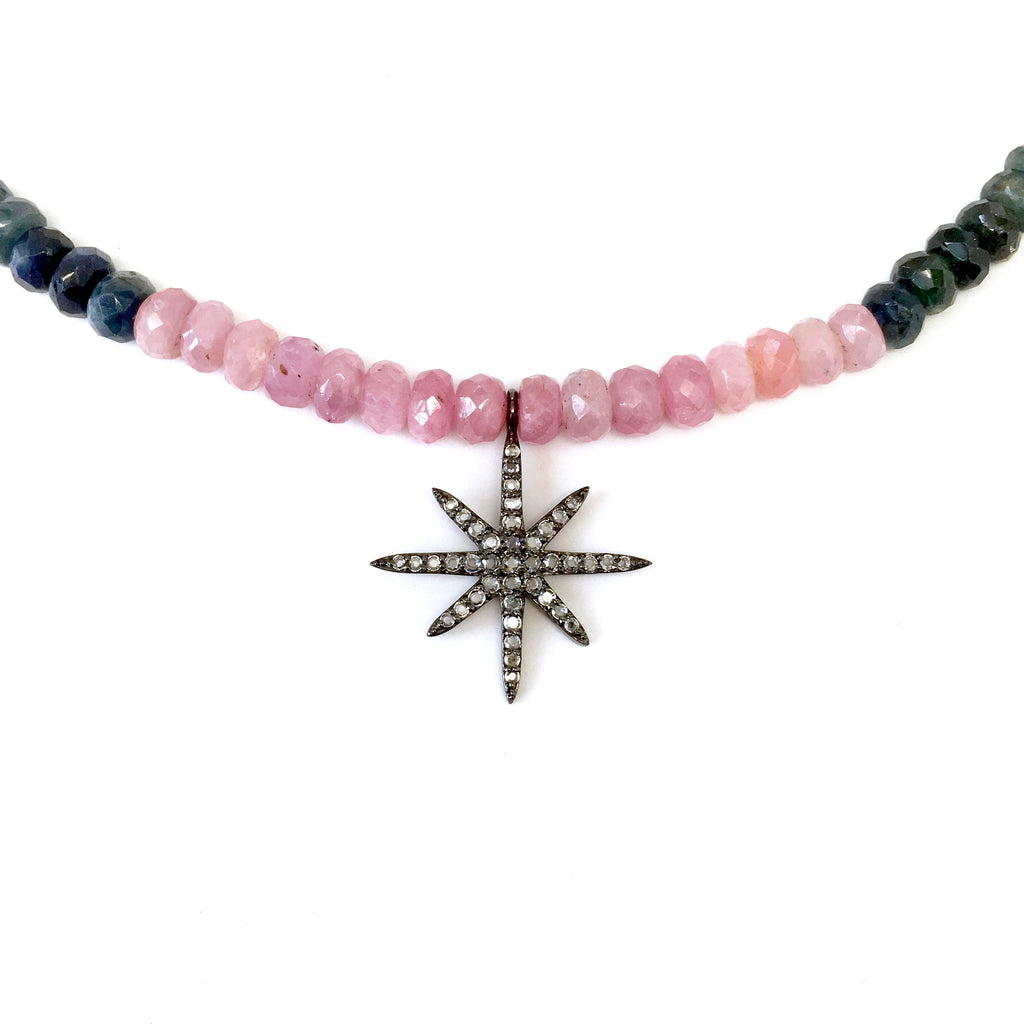 Mini White Sapphire 8-Point Star on Rainbow Sapphire Necklace