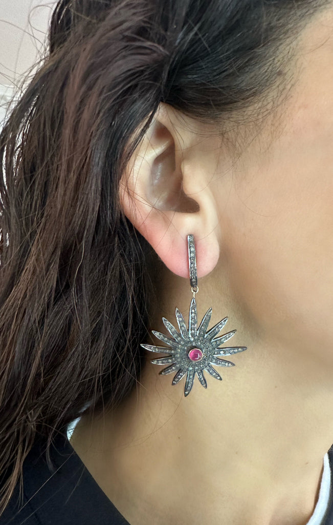 Diamond & Ruby 16-Point Star Earrings