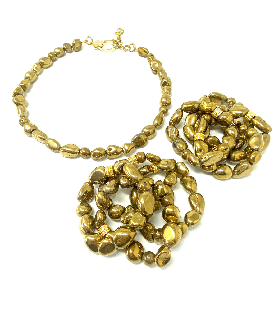 Set of 2 Electroplated Gold Quartz Nugget Bracelets
