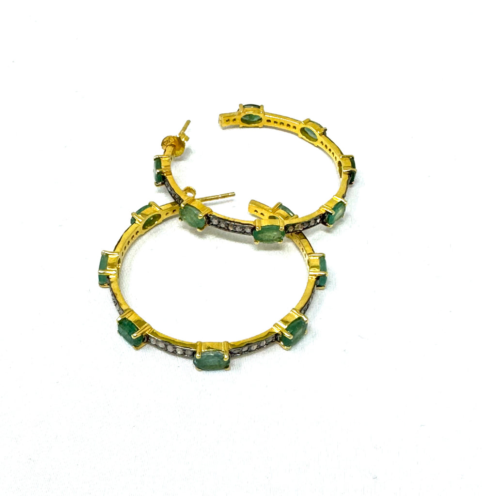 Natural Stone & Diamond Hoop Earrings