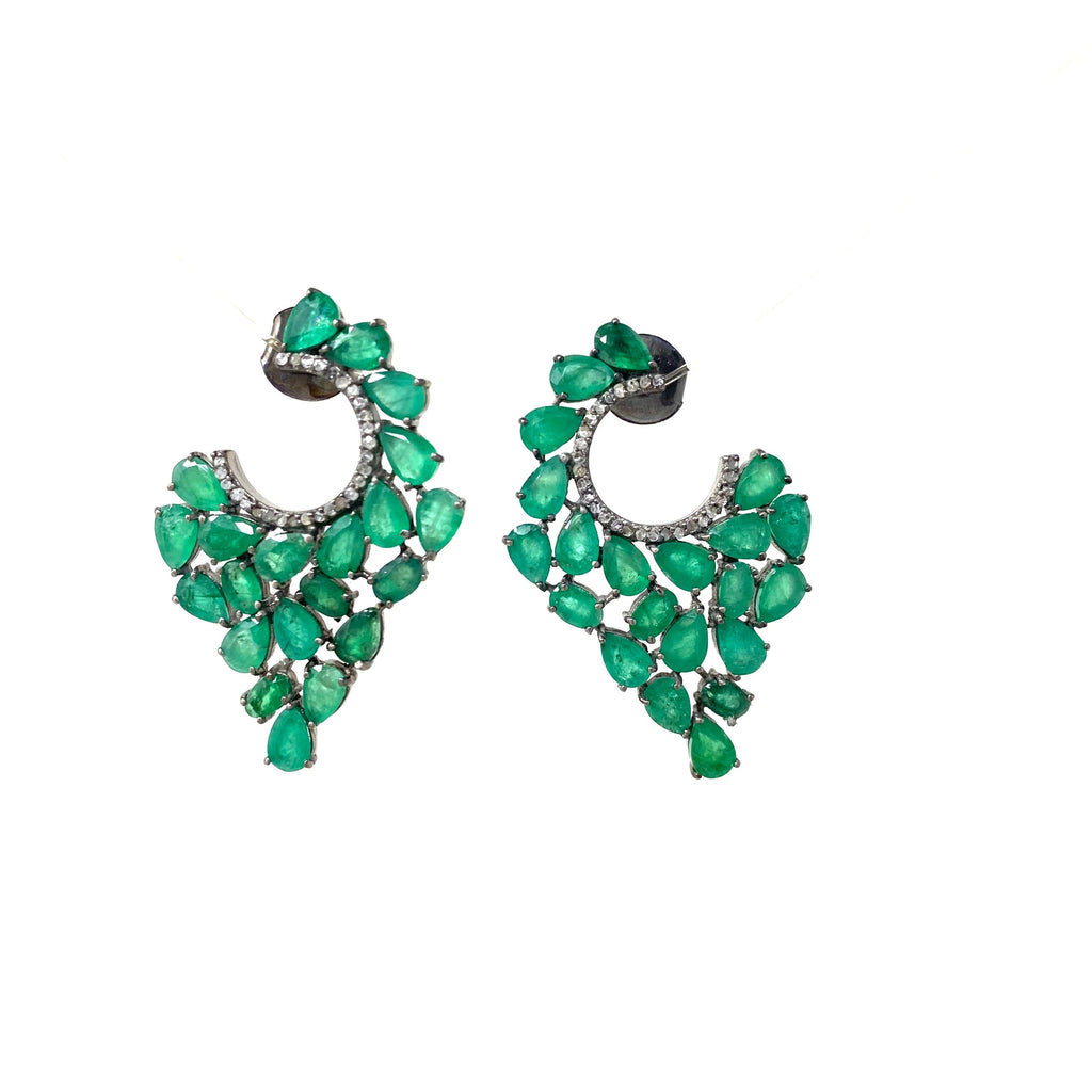 Green Emerald & Diamond Crescent Earrings