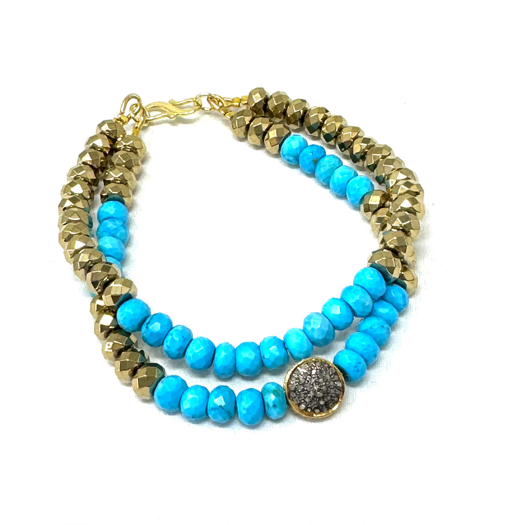 Double Strand Turquoise & Gold Hematite Rondelle Bracelet