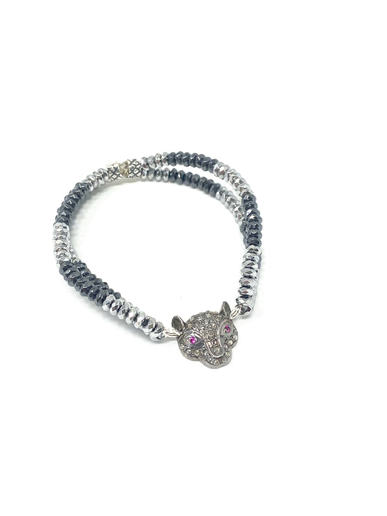 Hematite Bracelet with Diamond & Ruby Panther Charm