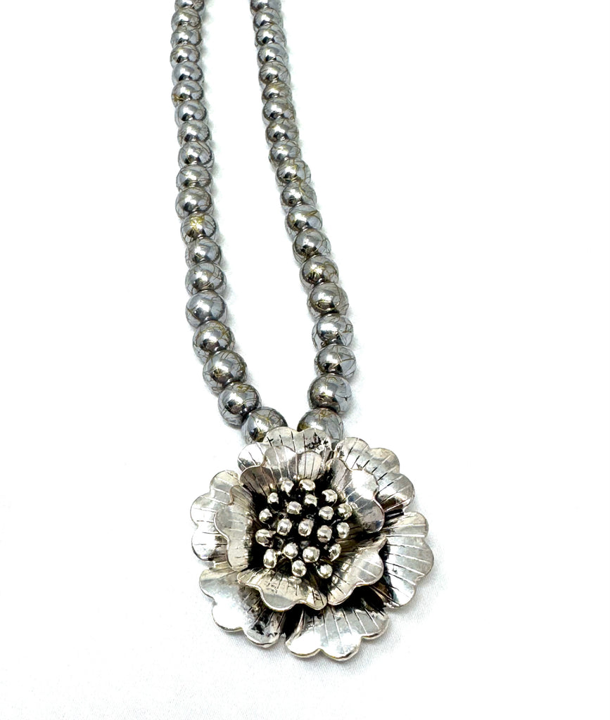Silver Flower & Hematite Crackle Necklace