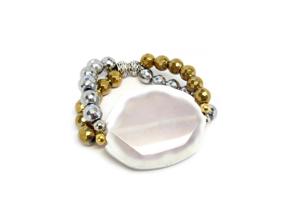 Silver & Gold Double Strand with Beige Marble Agate Slice