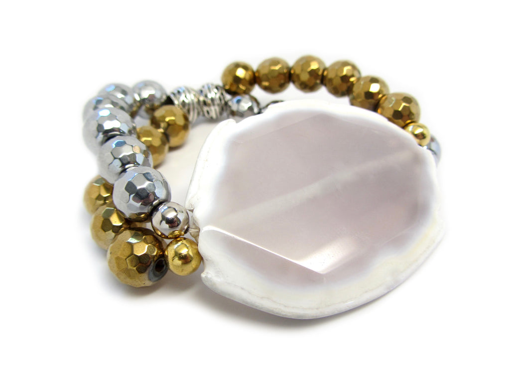 Silver & Gold Double Strand with Beige Marble Agate Slice
