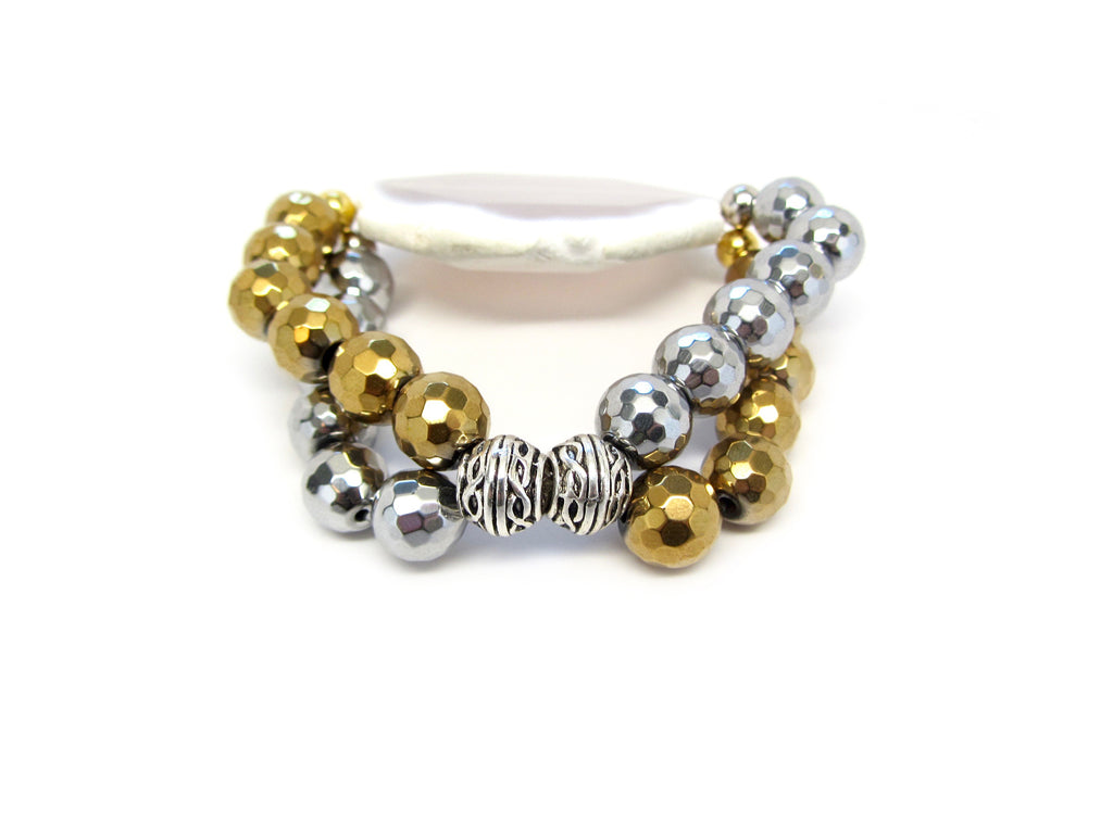 Silver & Gold Double Strand with Beige Marble Agate Slice