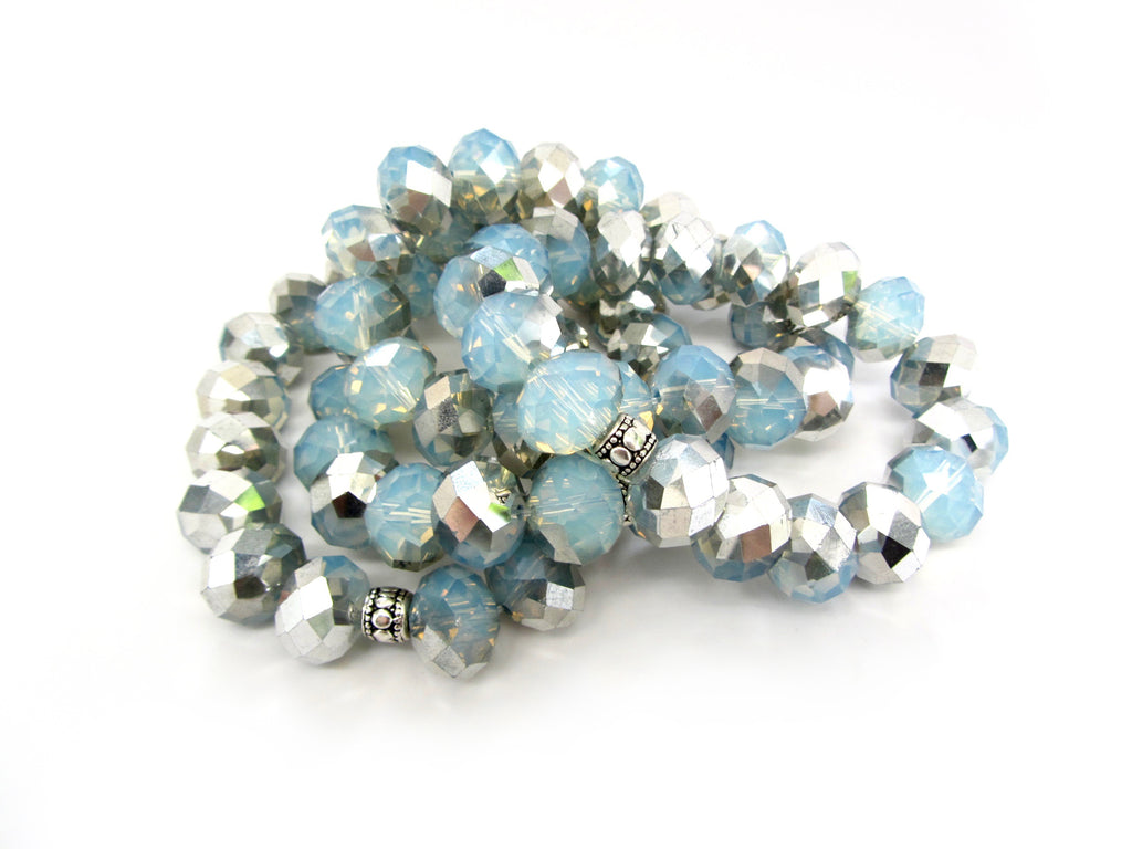 Set of 2: Maggie Pale Blue & Silver Iridescent Glass Beaded Bracelets