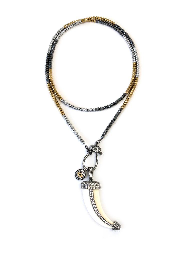 Hanging Horn & Charms with Pave Clasp on Long Hematite Necklace