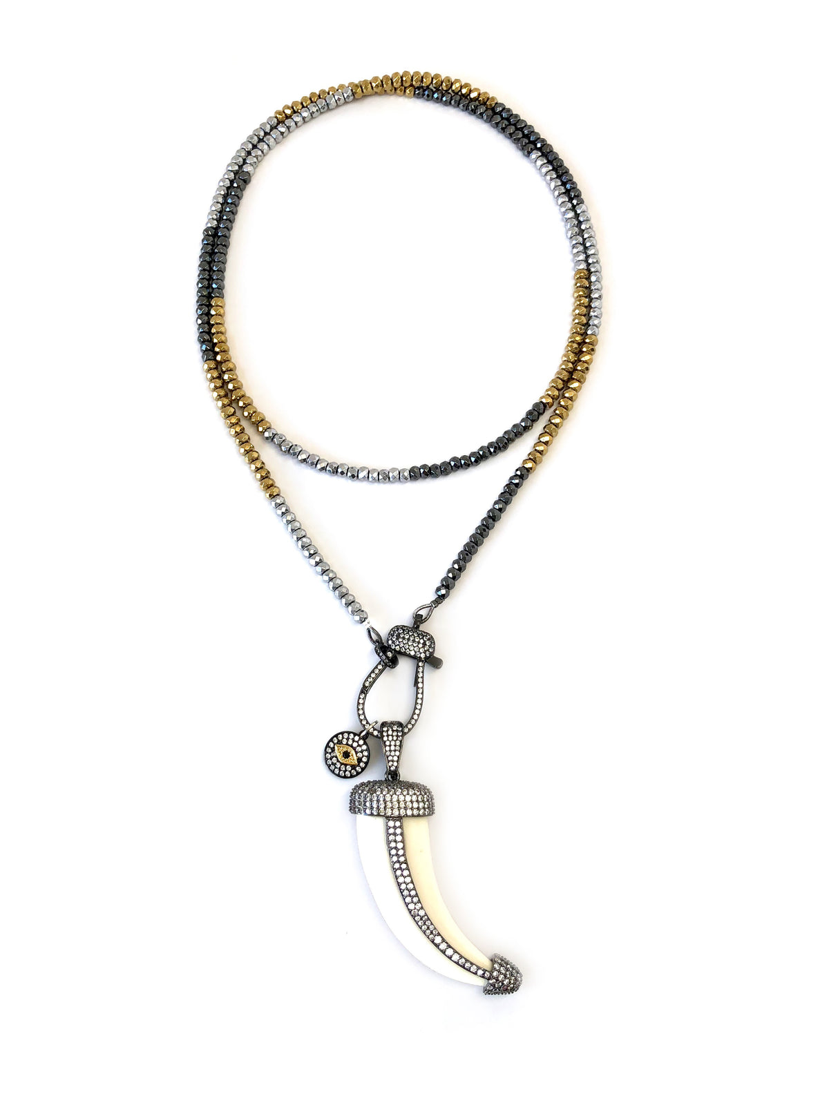Hanging Horn Charms with Pave Clasp on Long Hematite Necklace