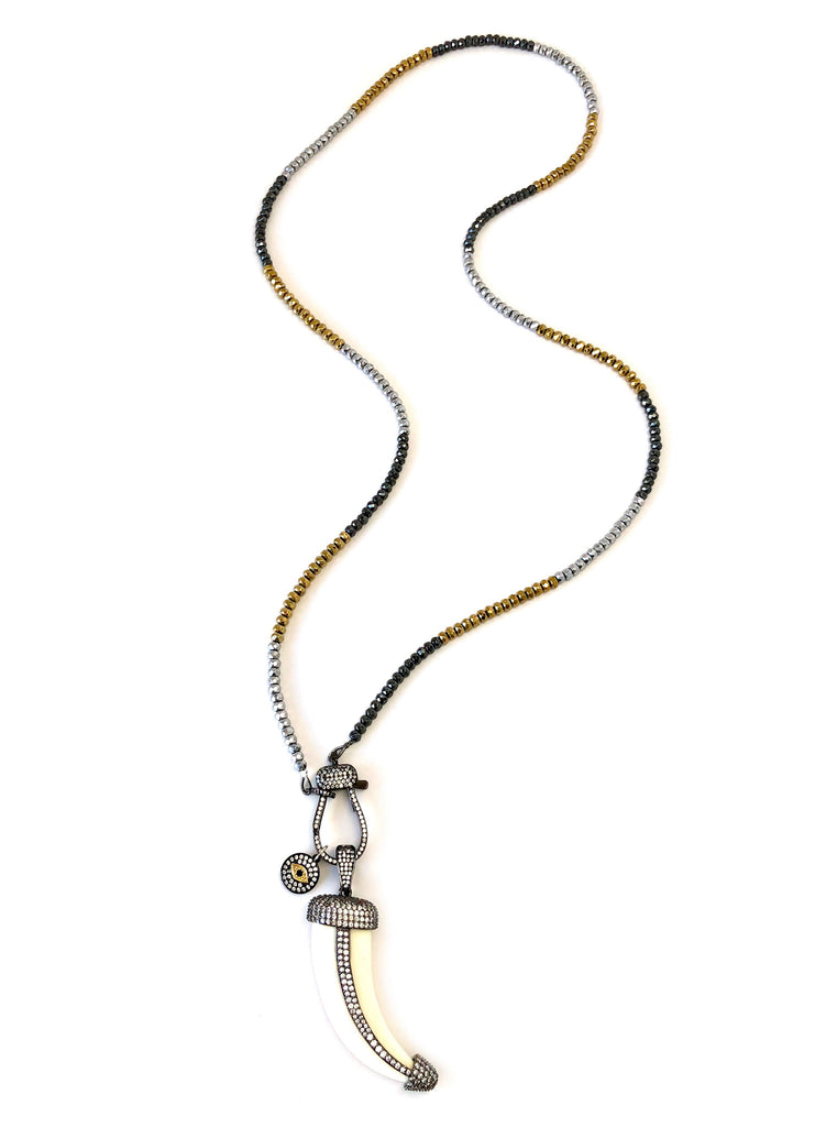 Hanging Horn & Charms with Pave Clasp on Long Hematite Necklace