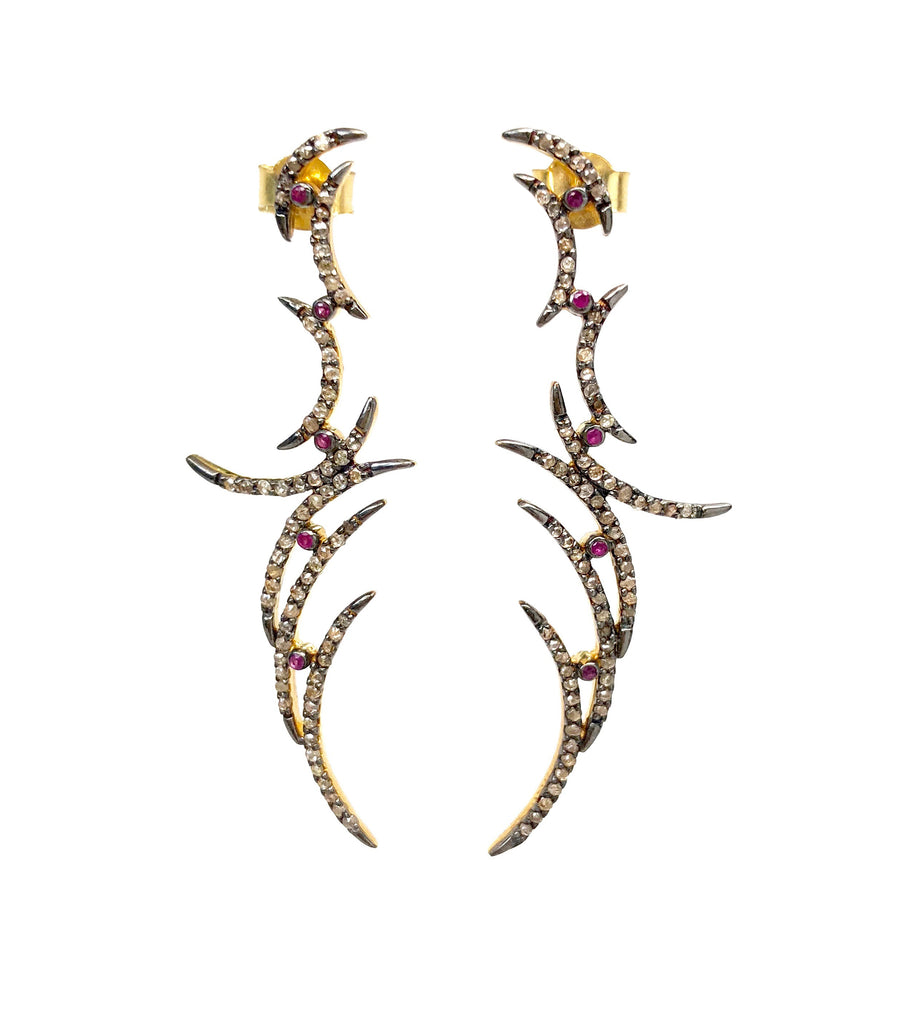 Diamond Crescent Earrings with Ruby Accents