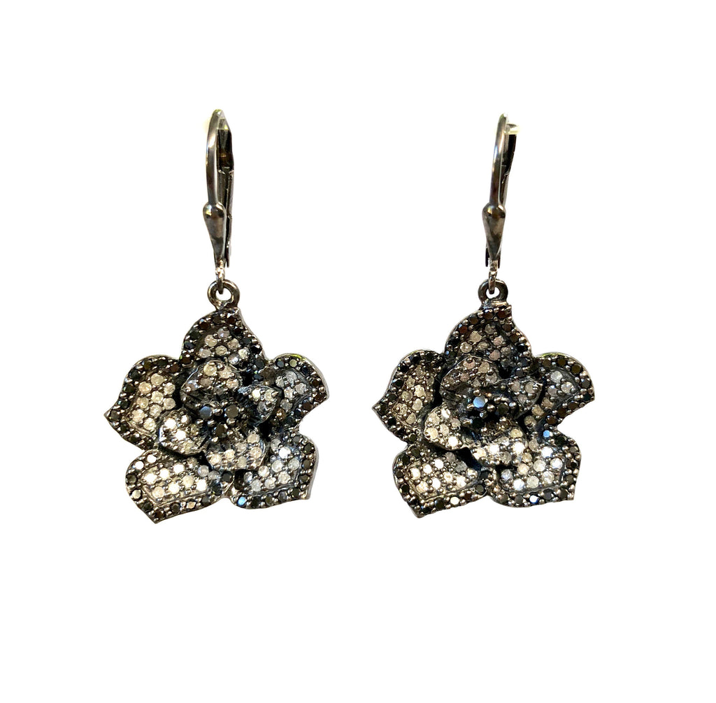 Silver & Black Diamond Flower Earrings