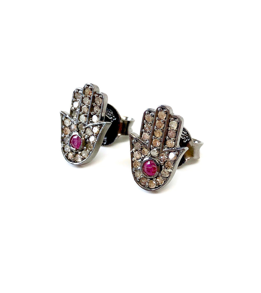 Small Diamond & Ruby Hamsa Stud Earrings