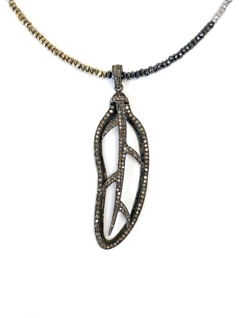 Diamond Leaf Pendant on Tri-Color Hematite Necklace