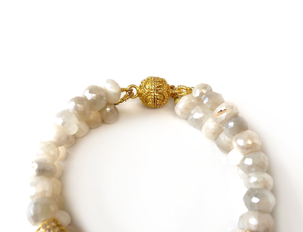 Double Strand Ivory Moonstone Chain Link Bracelet