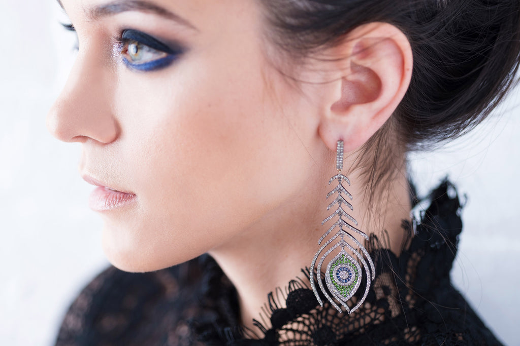 Diamond, Sapphire, and Emerald Peacock Feather Earrings