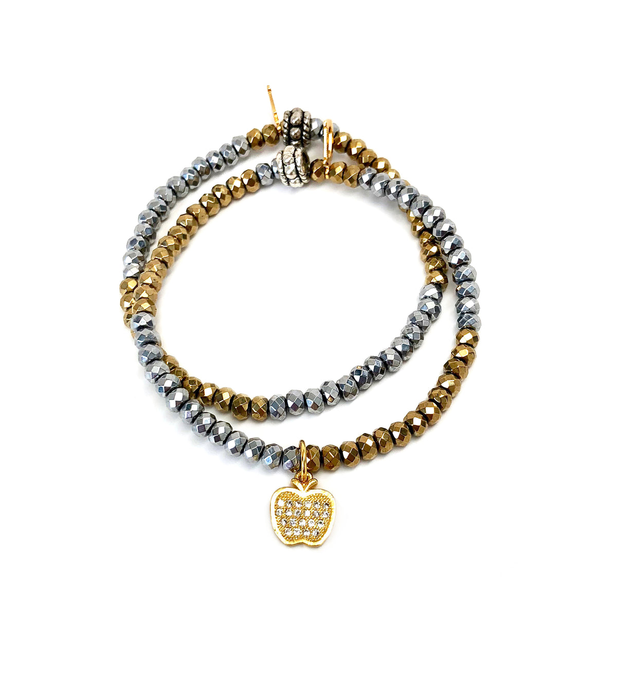 Gold Apple Charm Bracelet Set on Silver Gold Hematite