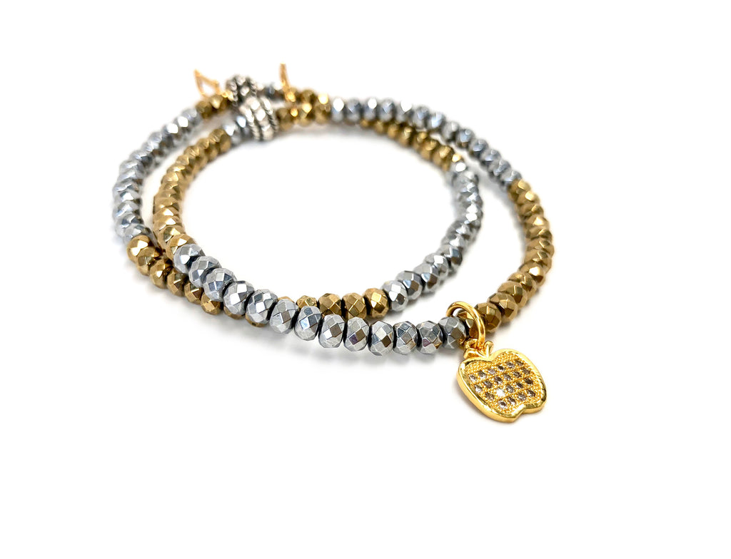Gold Apple Charm Bracelet Set on Silver & Gold Hematite