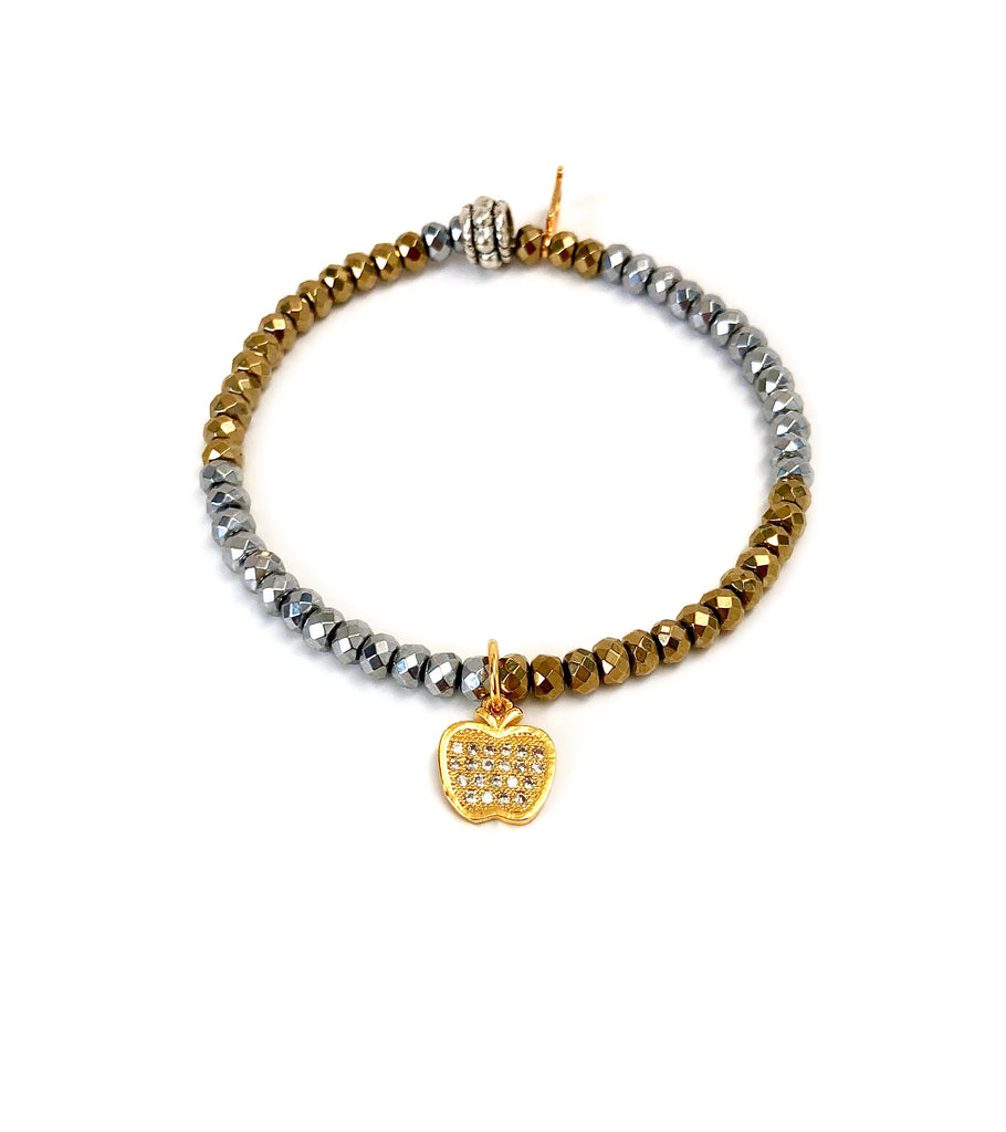Gold Apple Charm Bracelet Set on Silver & Gold Hematite