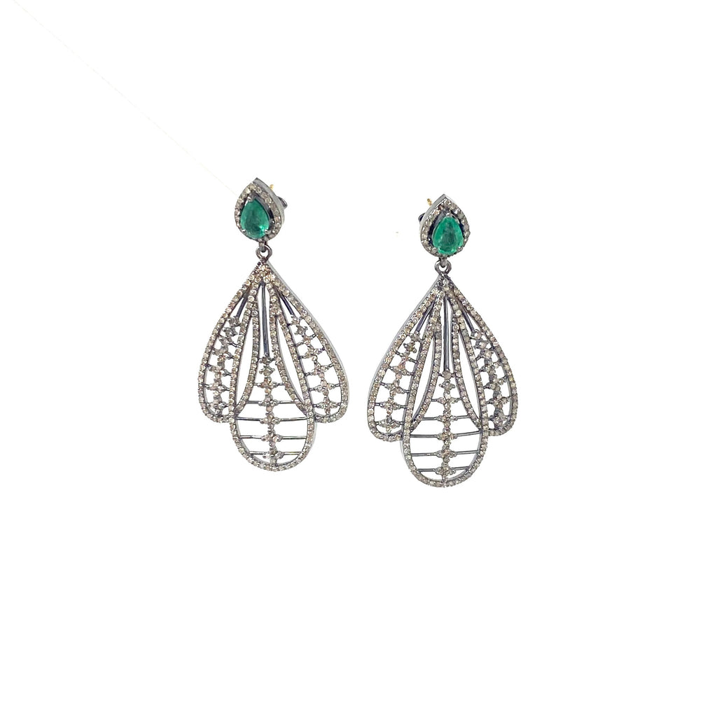 Diamond Upside Down Tulip & Emerald Earrings