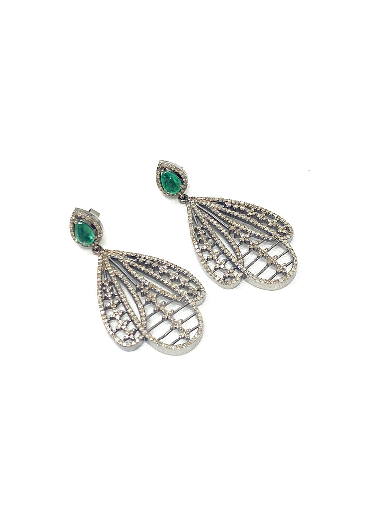 Diamond Upside Down Tulip & Emerald Earrings