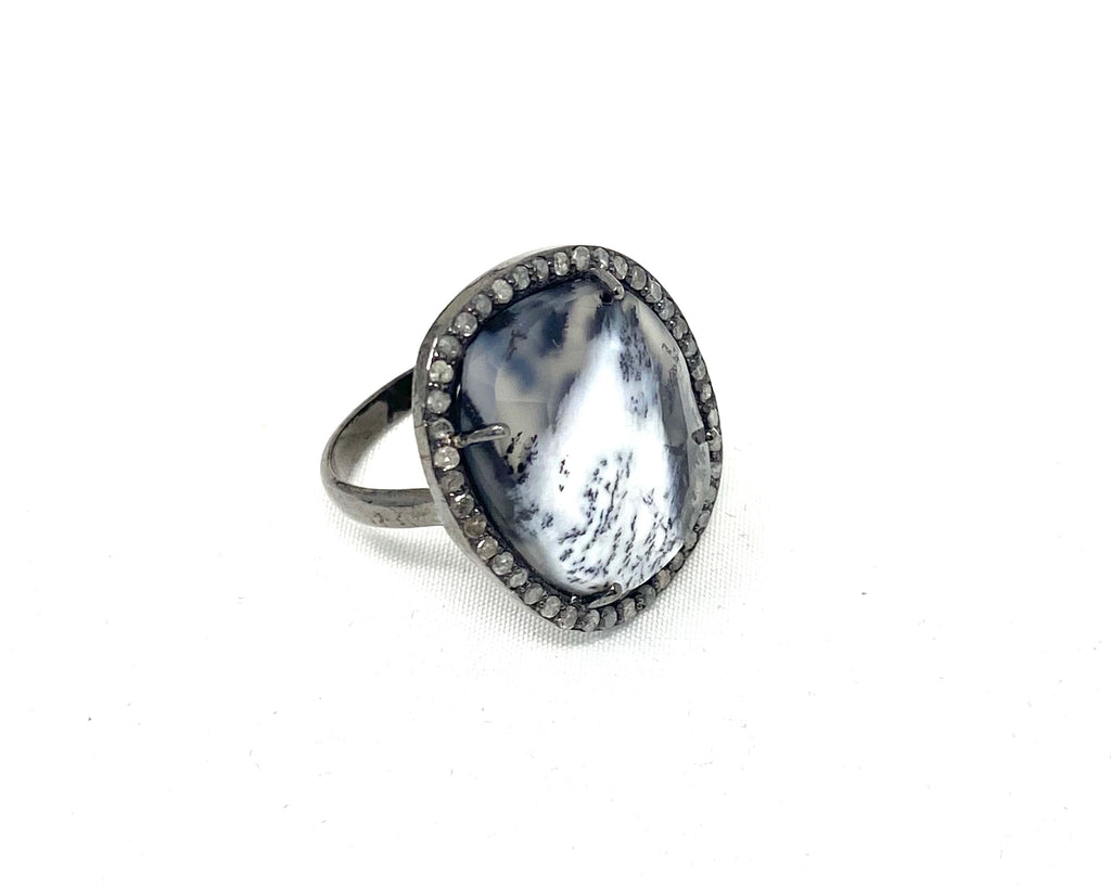 Dendrite Opal and Diamond Encrusted Ring