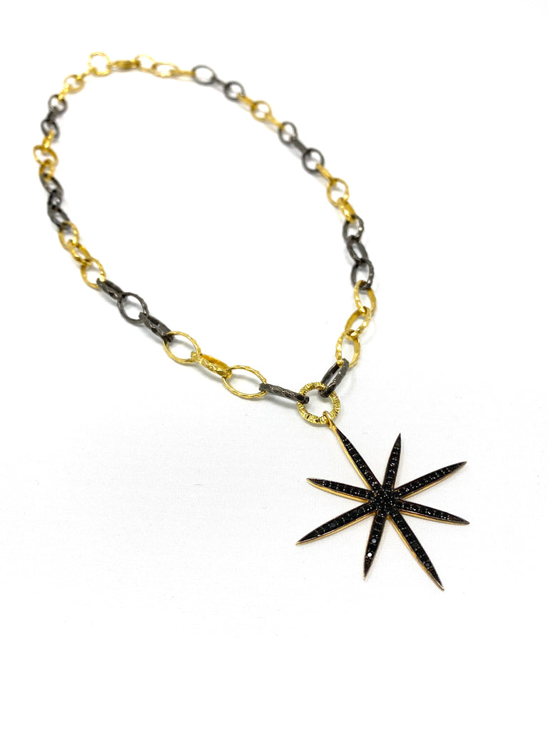 Large Black Spinel 8-Point Star Pendant on Silver & Vermeil Link Chain