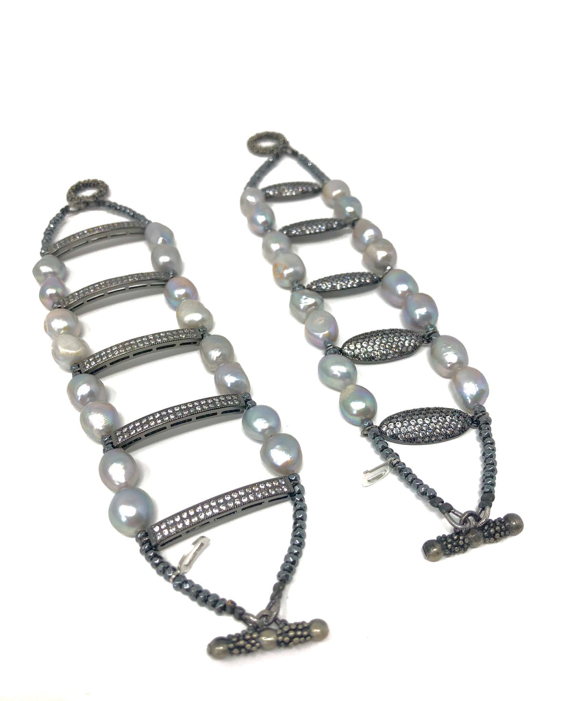 Grey Pearl & Pave Bar Cuff Bracelet