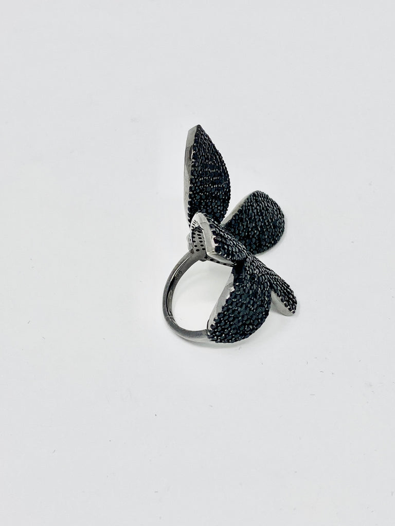 Black Spinel Butterfly Flower Ring