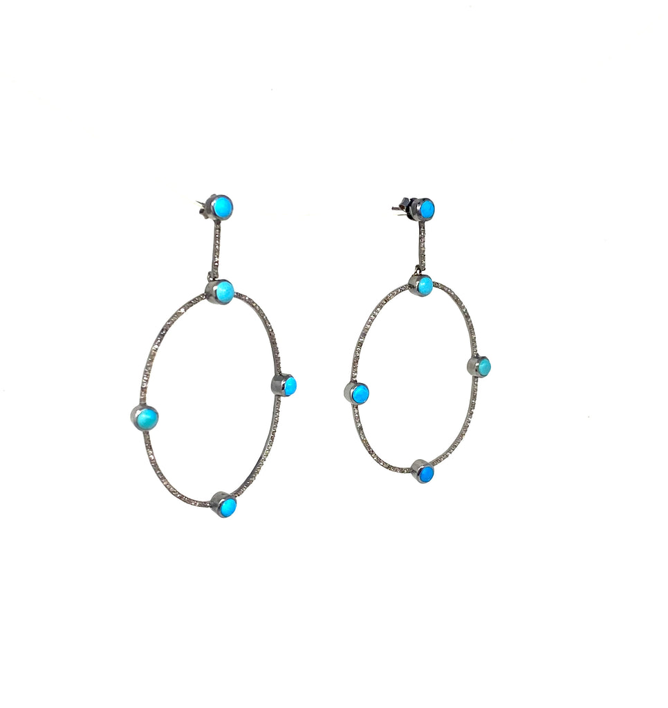 Diamond Encrusted Hoop Earrings with Turquoise Stones