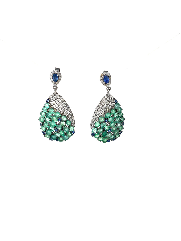 Small Peacock Diamond, Emerald & Tanzanite Earrings