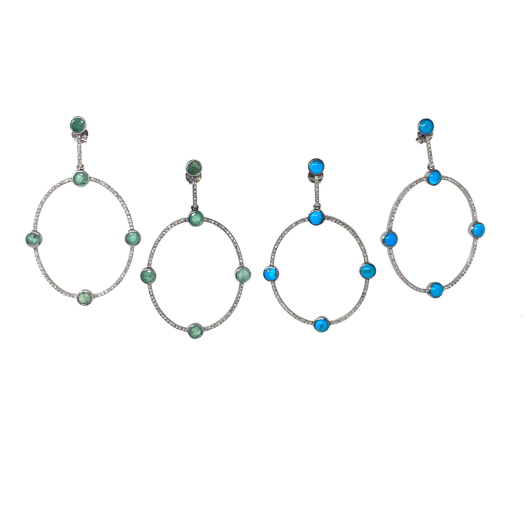 Diamond Encrusted Hoop Earrings with Turquoise Stones