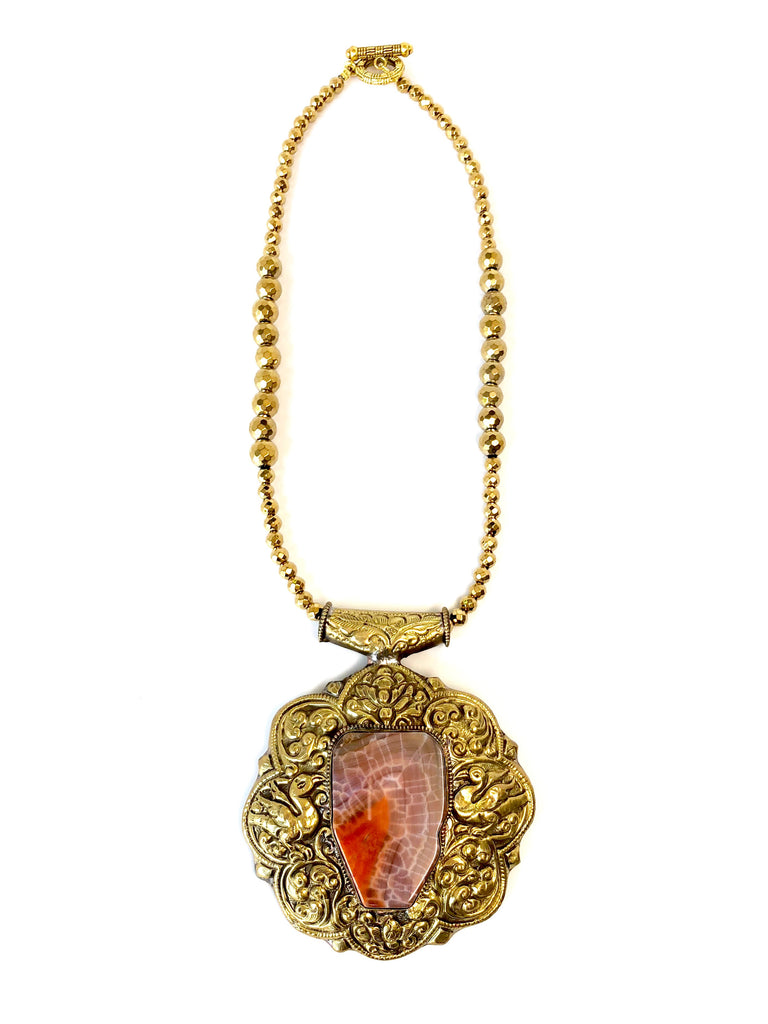 Red Stone & Gold Plated Tibetan Silver Boho Necklace