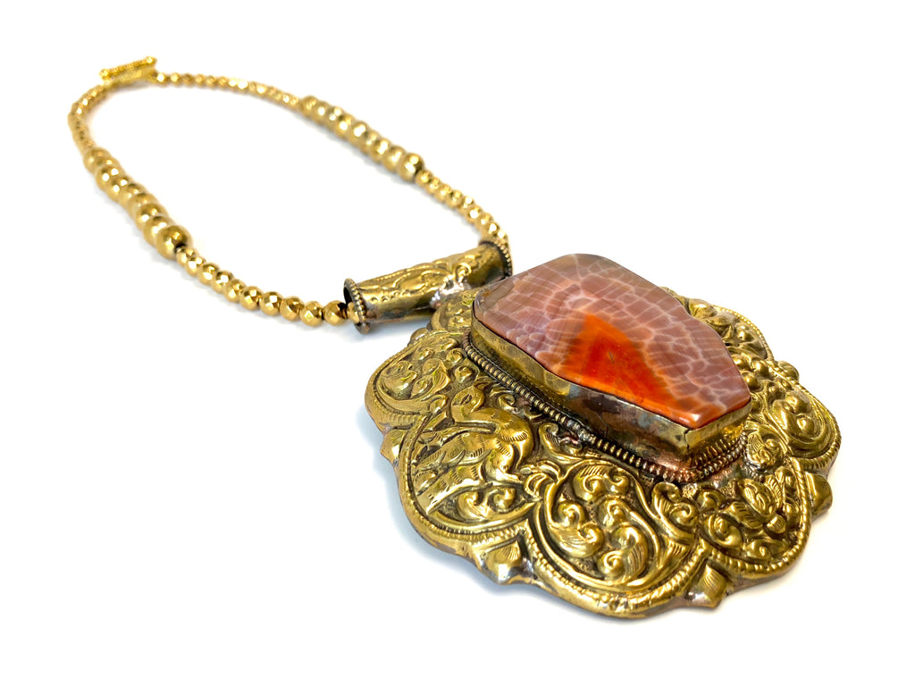 Red Stone & Gold Plated Tibetan Silver Boho Necklace