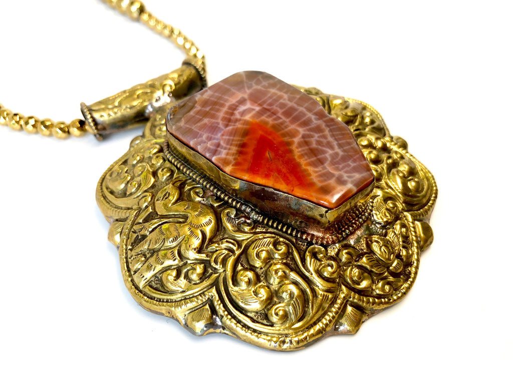 Red Stone & Gold Plated Tibetan Silver Boho Necklace