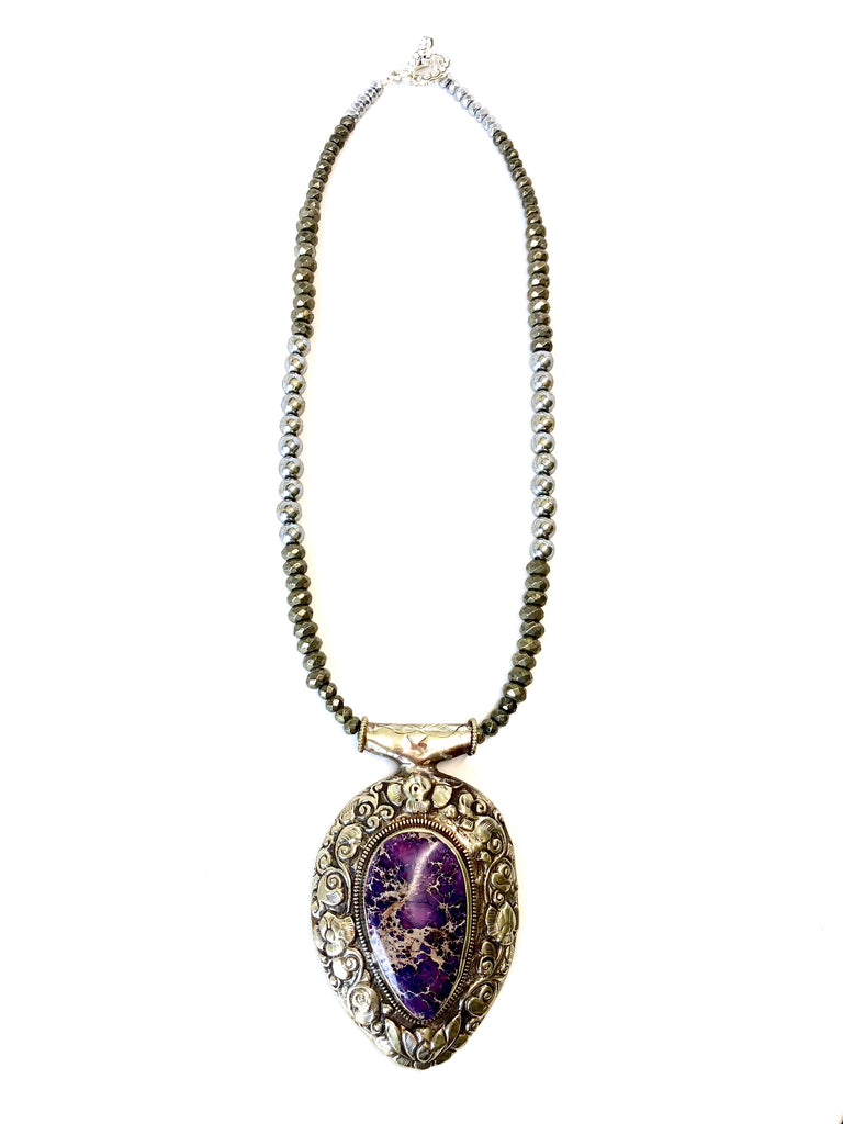Purple Marbled Stone & Tibetan Silver Boho Necklace