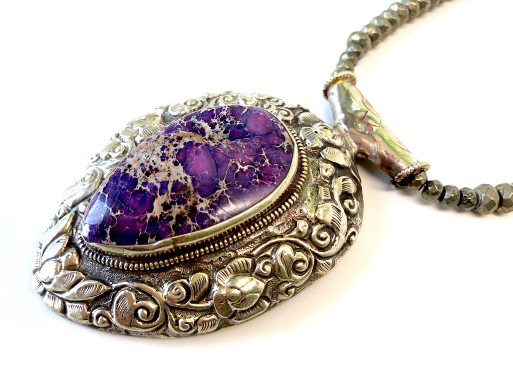 Purple Marbled Stone & Tibetan Silver Boho Necklace