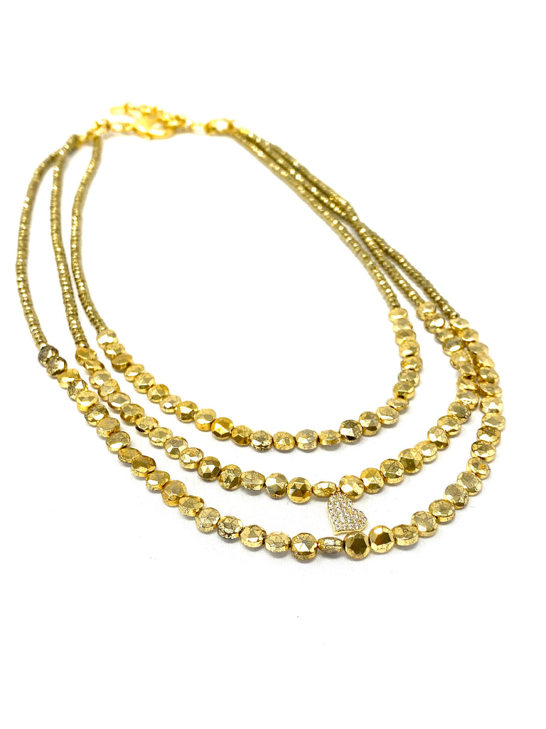 Triple Strand Gold Hematite Coin Beaded Necklace