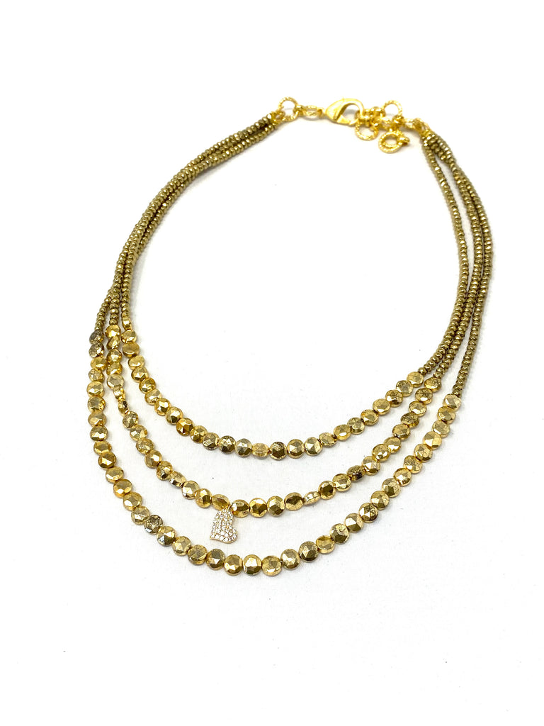 Triple Strand Gold Hematite Coin Beaded Necklace
