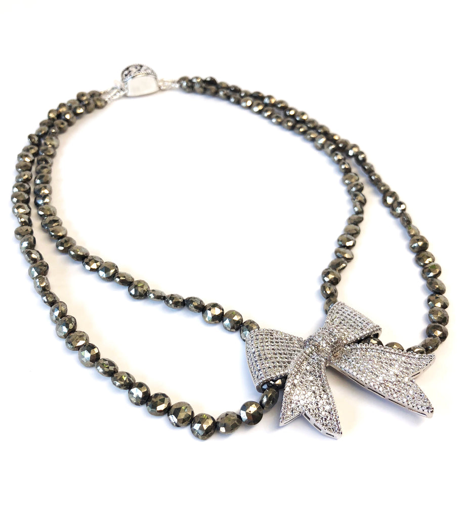 Double Strand Pyrite Necklace with Pave Bow